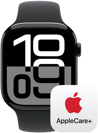 Apple Watch Series 10 à côté du logo AppleCare+, représentant la couverture AppleCare+.