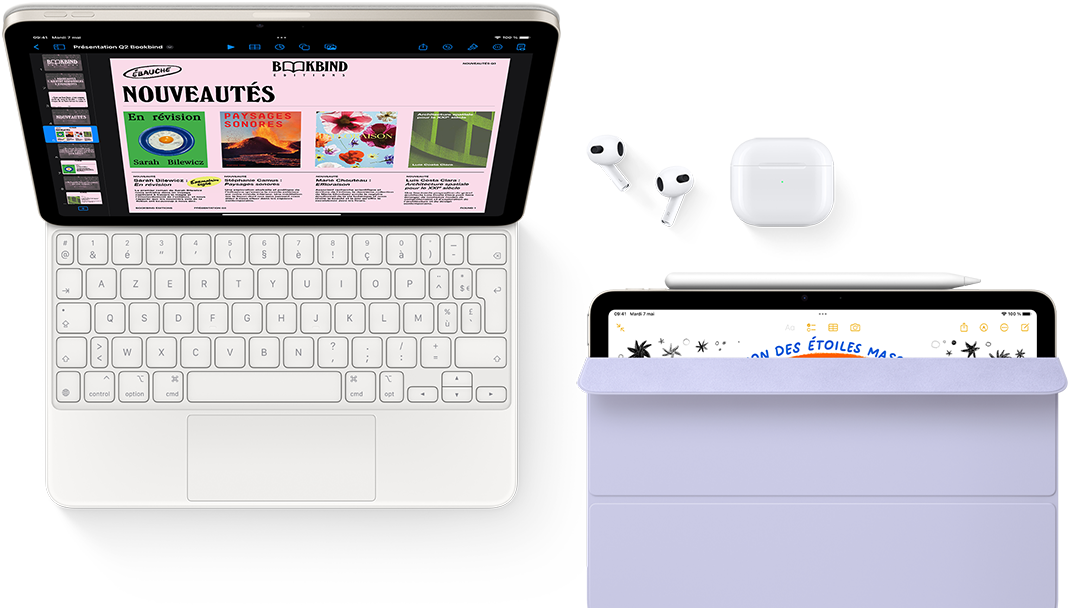 iPad Air fixé à un Magic Keyboard, avec AirPods Pro, Apple Pencil Pro et Smart Folio