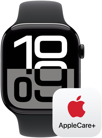 Un logo AppleCare+ près d’une Apple Watch Series 10.