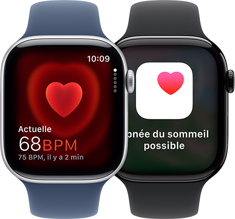 Deux Apple Watch Series 10, l’une affichant l’app Fréquence cardiaque avec une mesure à 68 BPM, et l’autre une notification d’apnée du sommeil.