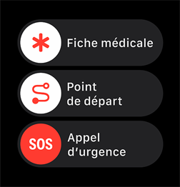 Curseurs d’appel d’urgence, de fiche médicale et de Point de départ.